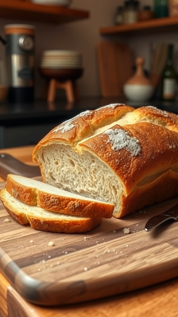 A golden brown loaf of homemade bread sliced on a wooden board, showcasing its fluffy interior.